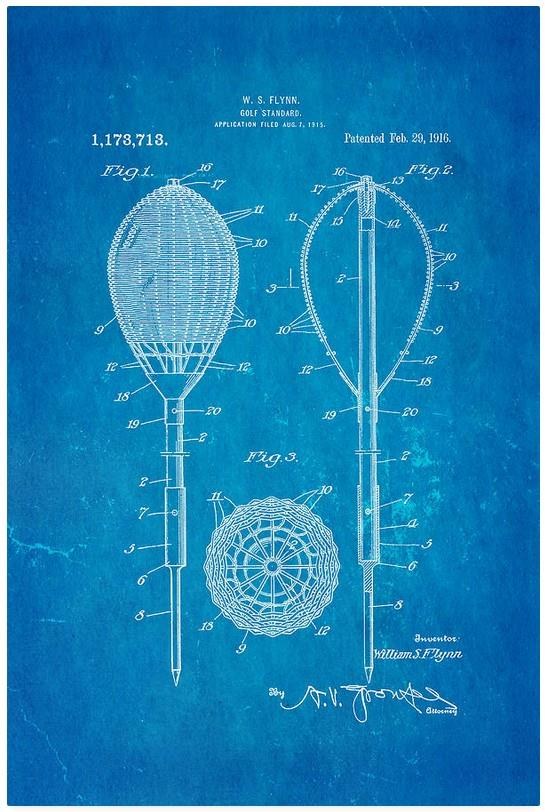Patent drawing from William S. Flynn's 1916 golf standard patent showing three views of the wicker basket flagstick