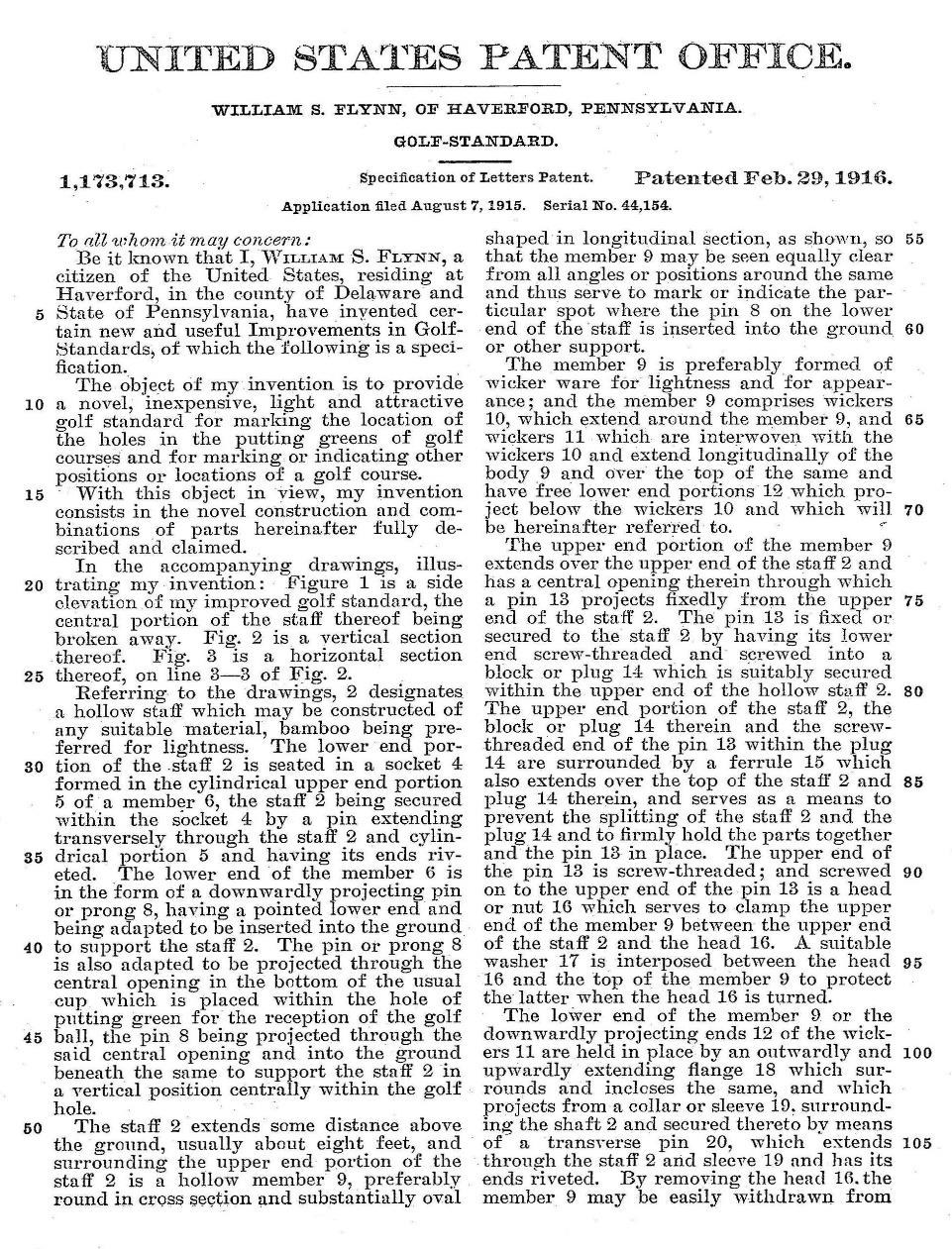 The first page of United States Patent No. 1,173,713, William S. Flynn of Haverford, Pennsylvania, Golf-Standard, patented February 29, 1916