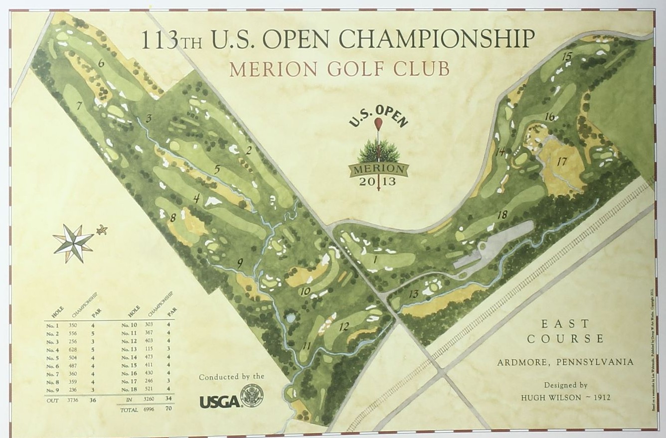 A course map of Merion Golf Club's East Course used for a modern USGA championship