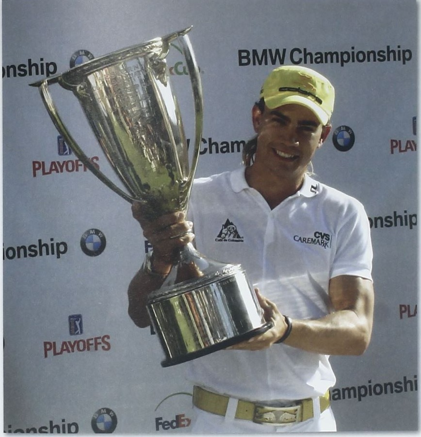 Camilo Villegas holding the J.K. Wadley Trophy after the 2008 BMW Championship